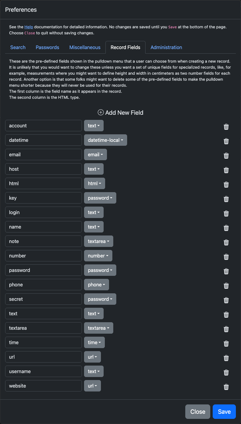the Record Fields preferences tab